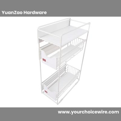 White Iron Wall Mounted 3-Tier Kitchen Storage rack Kitchen Condiment Organizer with Pullout Basket Towel hook